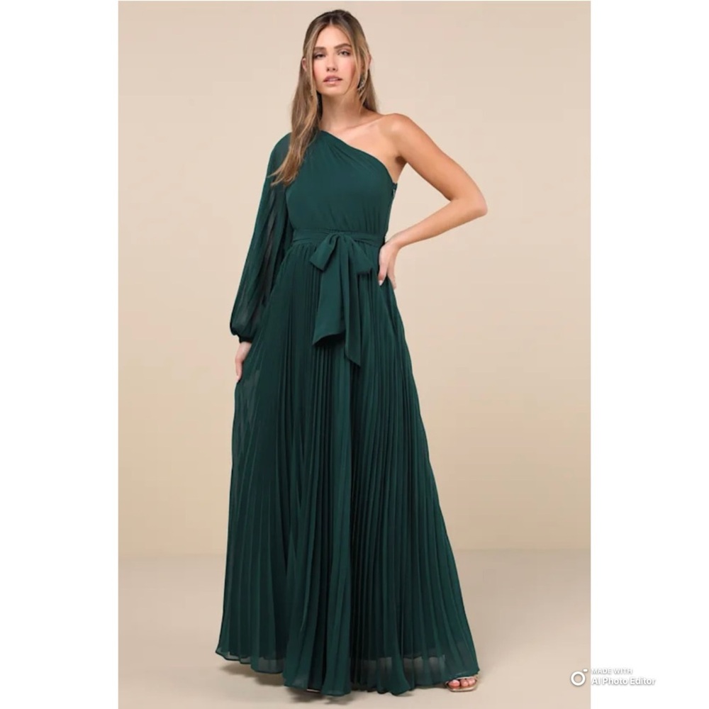 Lulus XL Divine Charm Green Pleated One Shoulder Maxi Dress NWT Formal Evening
